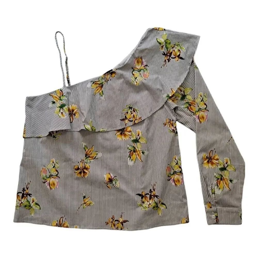Lumiere Cold Shoulder Floral Long Sleeve Blouse Grey Yellow Green Large